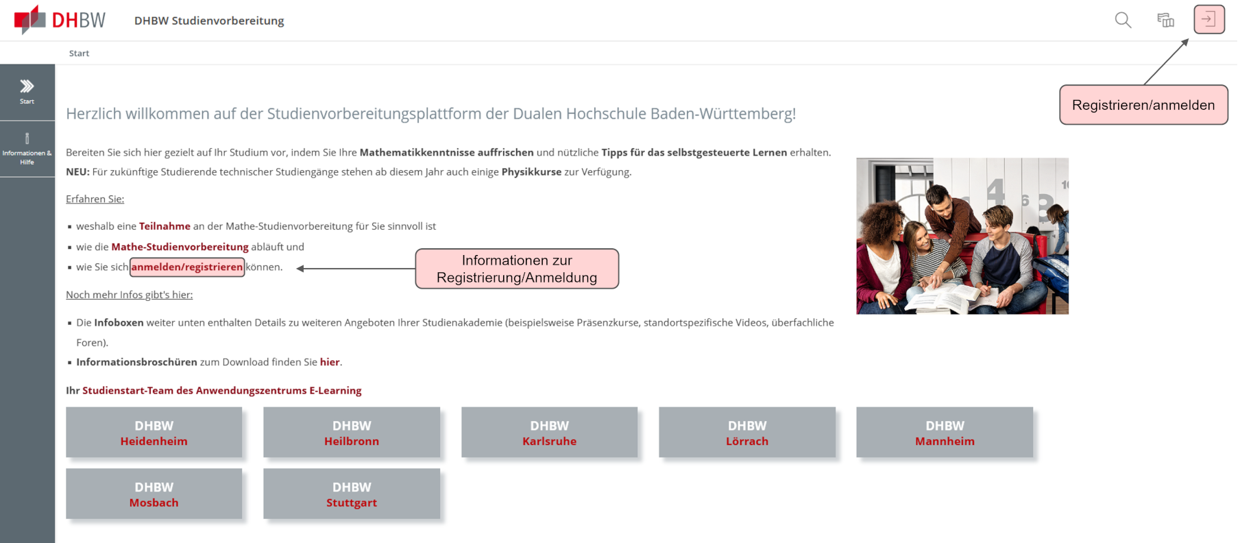 In diesem Bild sehen Sie die Startseite von Studienstart. Der Punkt "wie Sie sich anmelden/registrieren können" ist farblich markiert hervorgehoben.