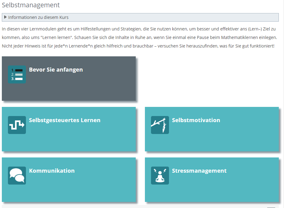 Die Grafik zeigt alle Buttons zu den einzelnen Modulen des Bereichs Selbstmanagements.