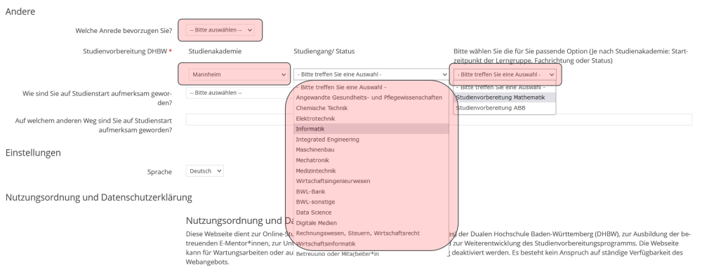 Zu sehen sind die Felder aus dem Bereich "Andere" im Registrierungsformular.