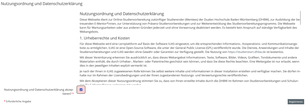 Es wird ein Teil der Nutzungsordnung und Datenschutzerklärung angezeigt.